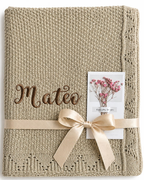 Taupe Personalised Baby Blanket Knitted