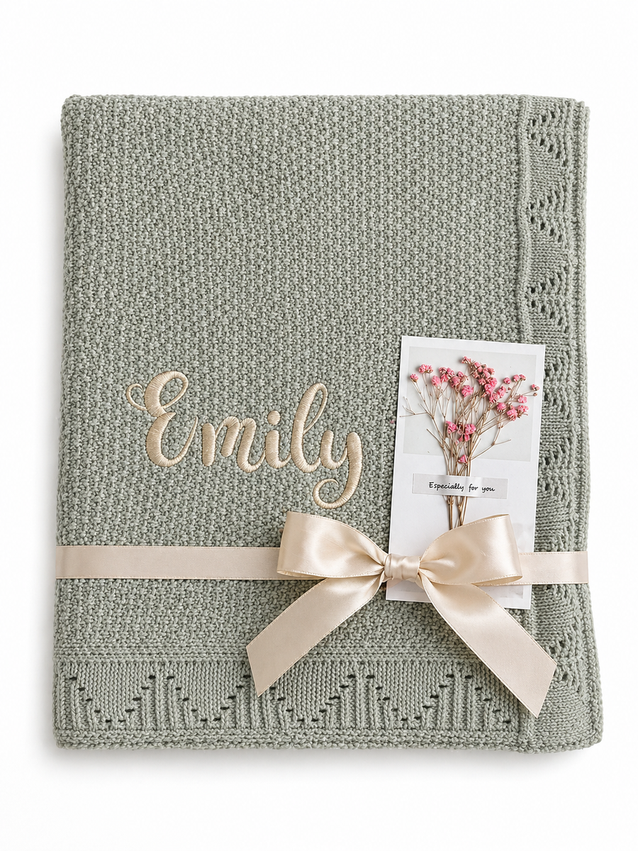 Eucalyptus Sage Personalised Baby Blanket Knitted