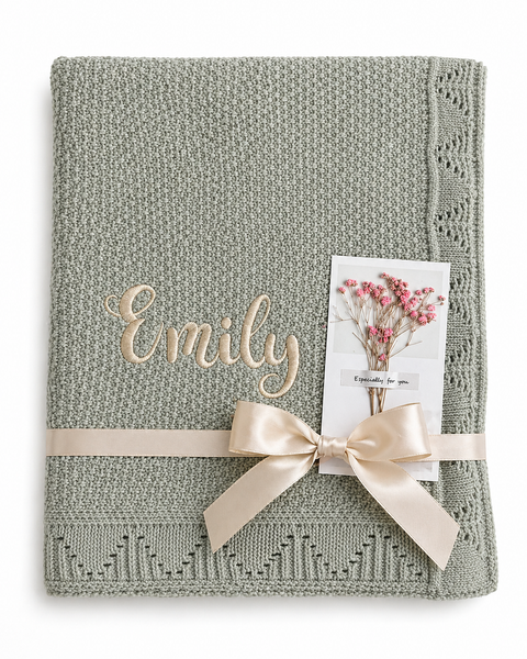 Eucalyptus Sage Personalised Baby Blanket Knitted