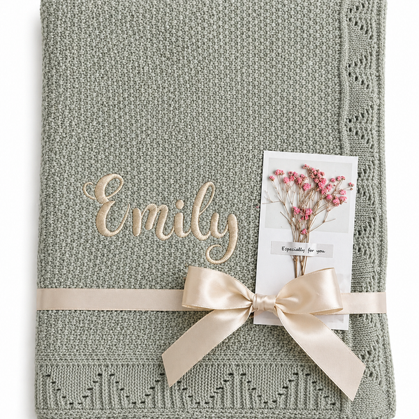 Eucalyptus Sage Personalised Baby Blanket Knitted