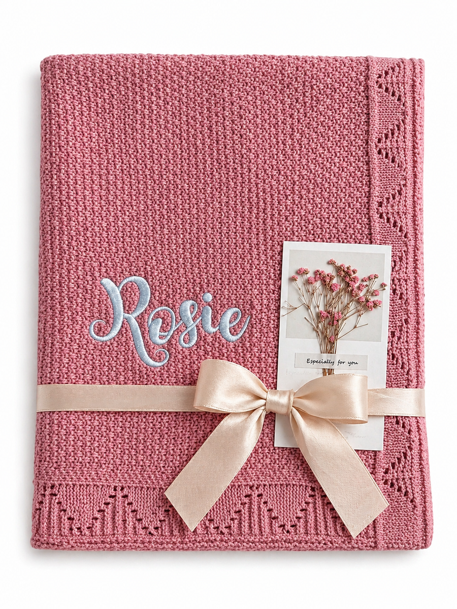 French Rose Personalised Baby Blanket Knitted