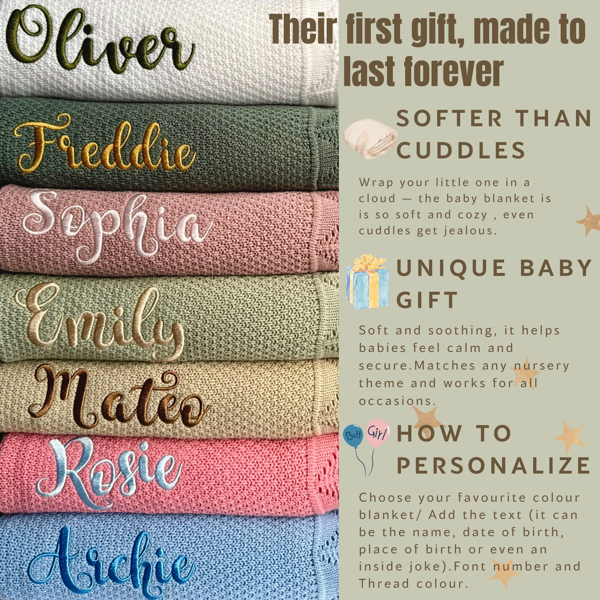 Eucalyptus Sage Personalised Baby Blanket Knitted