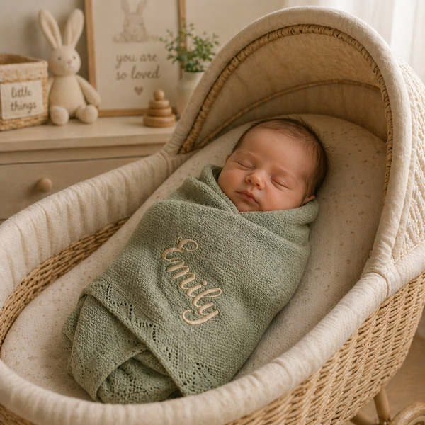 Eucalyptus Sage Personalised Baby Blanket Knitted