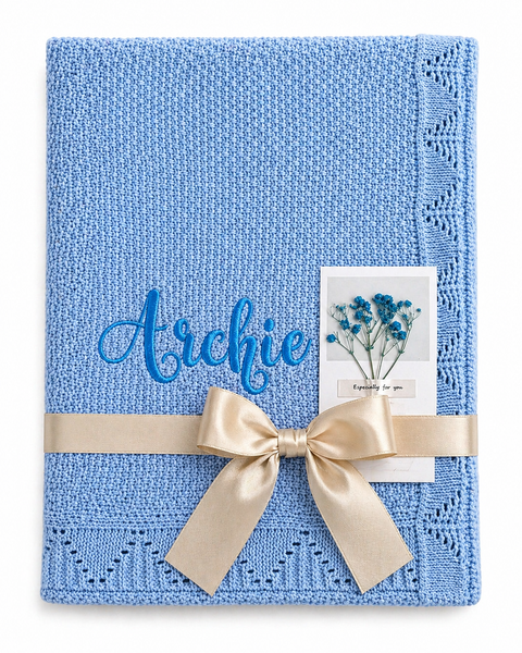 Cornsilk Blue Personalised Baby Blanket Knitted