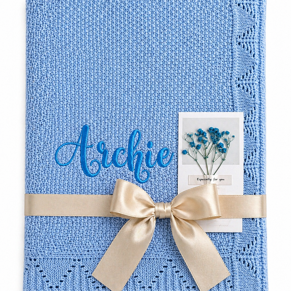 Cornsilk Blue Personalised Baby Blanket Knitted