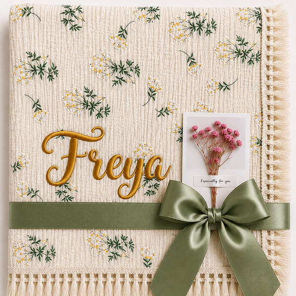 Camomile floral muslin blanket personalised with Freya in gold embroidery, with cream fringe and olive-green ribbon.