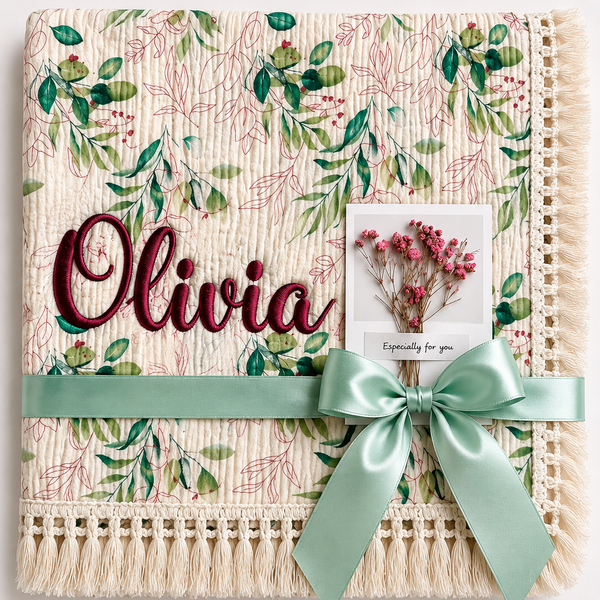 Olives patterned muslin baby blanket with Olivia embroidered in burgundy, cream fringe and mint ribbon.
