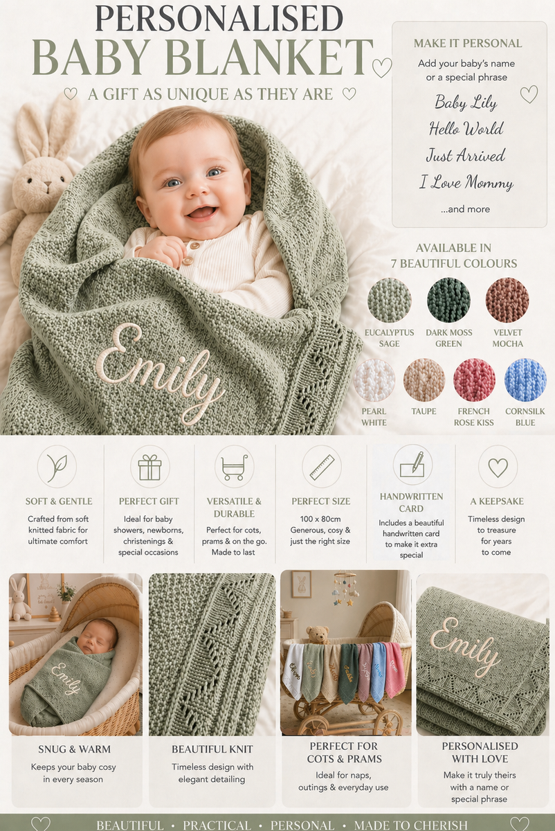 Eucalyptus Sage Personalised Baby Blanket Knitted