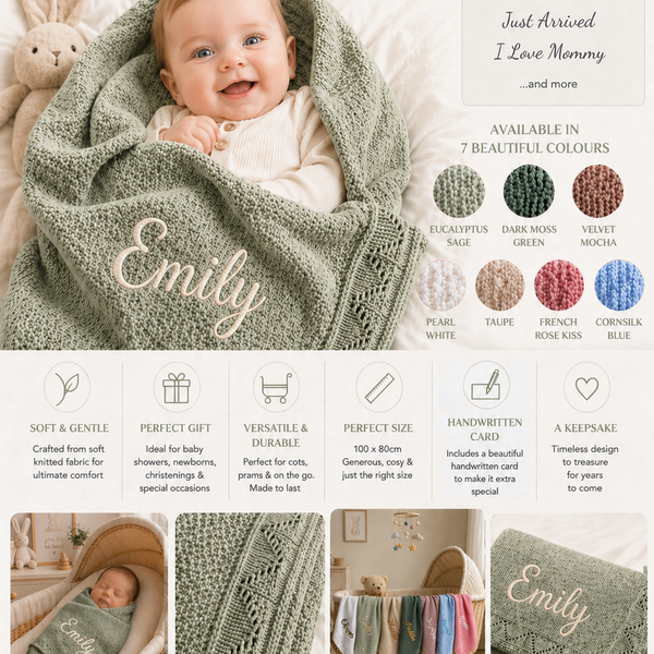 Eucalyptus Sage Personalised Baby Blanket Knitted